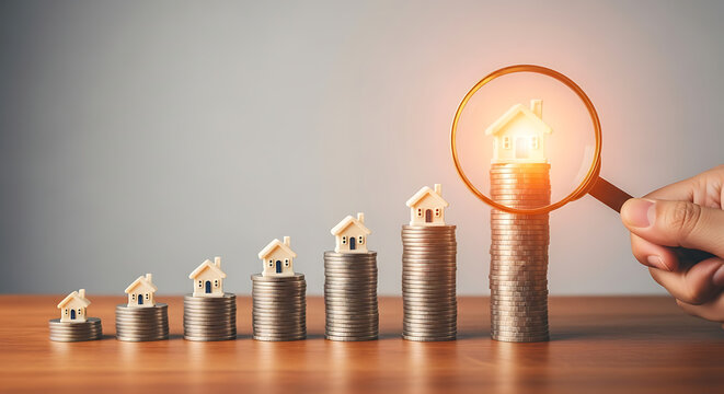 Hand holding magnifying glass over coin stacks with houses. Real estate investment analysis.