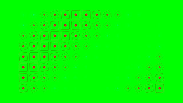 Abstract digital pattern of red squares with central dots on green background