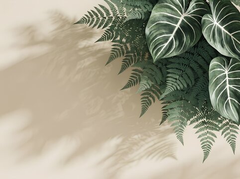 3D render tropical philodendron and fern leaves background with leaf shadow and copy space