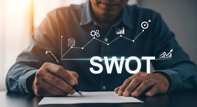 Businessman performing SWOT analysis. Professional planning strategic business development.