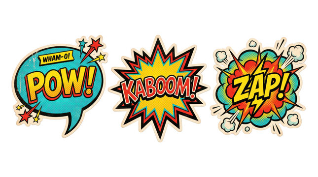 Set of colorful pop art comic book speech bubbles pow kaboom and zap with comic strip explosive colorful illustration expression creative comicbook communication as transparent PNG