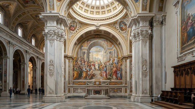 Ornate Cathedral Interior with Grand Fresco and Columns.