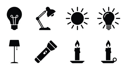Illumination Icons Set: Lightbulb, Desk Lamp, Sun, Floor Lamp, Flashlight, Candles, Vector Graphics for Energy, Ideas, and Brightness Concepts © Sumi