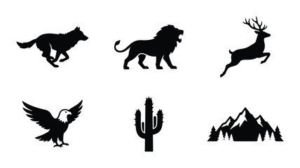 Naklejka premium Wild Animal Silhouettes: Lion, Wolf, Eagle, Deer Icons, Cactus, Mountain Landscape Vector Set