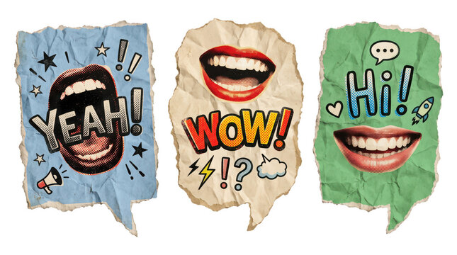 Collage speech bubbles with mouths and retro comic exclamations exclamation transparent background communication expression shouting creative scrapbook whimsical abstract as cut out PNG