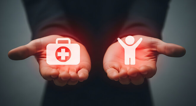 Hands holding medical and health icons. Healthcare insurance concept with digital symbols.