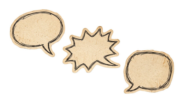 Set of three hand-drawn speech bubbles on textured vintage paper background as PNG cutout