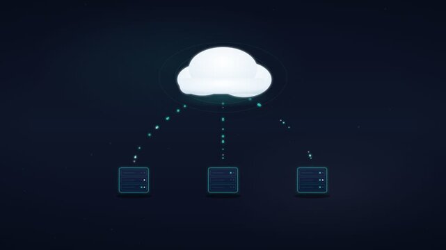 Cloud computing data sync animation. A luminous cloud exchanging information with three server racks using turquoise and white particles. Seamless looping 4K motion graphics loop.