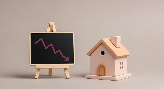 Real estate market crash concept. Miniature house with a downward trend chart on blackboard.