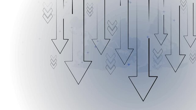 Abstract background with many arrows pointing down showing decline decrease and negative trend animation