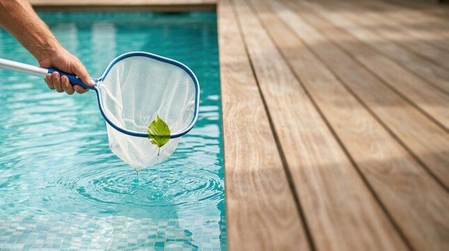 close up of hand holding blue mesh net skimming single green leaf from clear blue swimming pool water next to wooden deck, representing pool maintenance, water cleaning, and summer care.