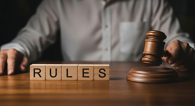 Judge holding a wooden gavel with Rules blocks. Legal professional enforcing law and order.