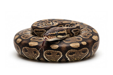 Fototapeta premium Coiled ball python snake resting against white background with constrictor wildlife predator creature flickering isolated background nonvenomous herpetology terrestrial