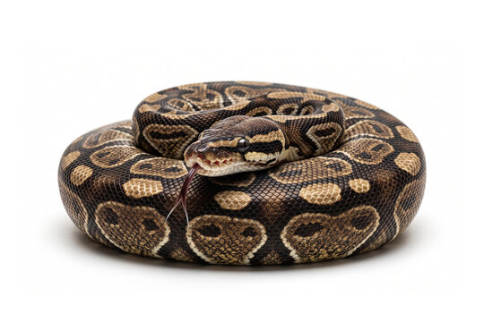 Coiled ball python snake resting against white background with constrictor wildlife predator creature flickering isolated background nonvenomous herpetology terrestrial