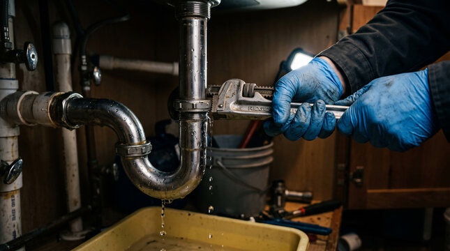 Plumber Fixing Leaky Pipe: A gloved hand uses a wrench to tighten a plumbing pipe, with water dripping into a catch basin below. Highlighting the essential work of home maintenance and repair.