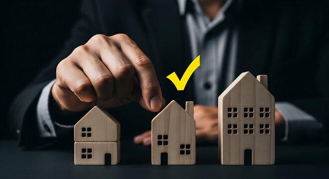 Businessman choosing a wooden house model. Real estate agent selecting the best property.