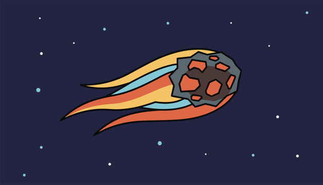 Comet flying through outer space with a fiery tail passing by distant stars in a dark blue universe background illustration.
