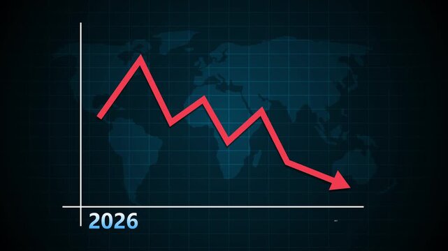 Downward line graph over a world map with 2026 to 2027, Global decline trend on a dark background, World map with falling trend line and 2026 to 2027