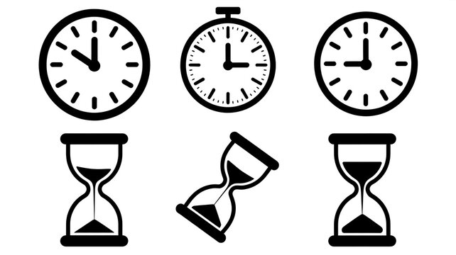 Clock and timer icon set vector illustration featuring stopwatch hourglass and alarm clock symbols for time management concept design