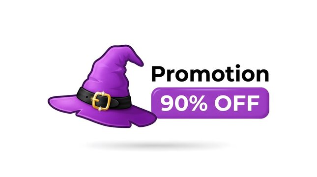 Purple witch hat with 90 percent off promotion sign isolated on white background