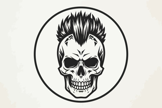 Edgy punk rock skull with mohawk hairstyle in circular frame vector illustration