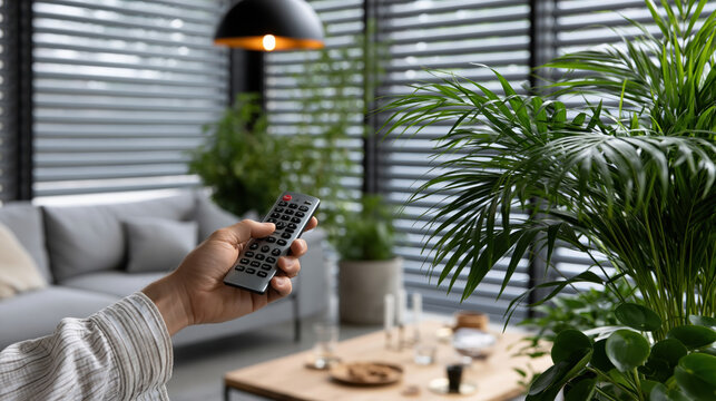 Hand holding remote control in modern living room interior with window blind, green houseplant, natural light, cozy home atmosphere, relaxed mood, contemporary design detail