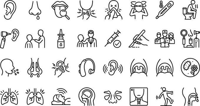 Otolaryngology ENT medical symptoms and healthcare treatment thin line icon set featuring ear nose and throat clinic,