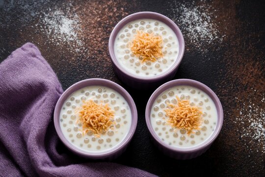 Three bowls of sweet tapioca pearl pudding with coconut milk served on dark table background. Top view of creamy dessert portion with toasted flakes topping. Traditional asian style healthy vegan