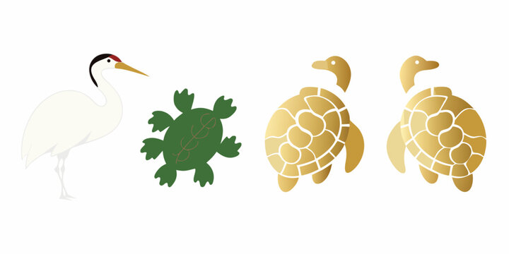 Crane and turtle illustrations stylized vector graphics on white background