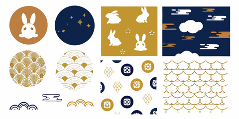 Rabbit And Cloud Pattern Collection Navy And Gold Vector Illustration © Bipul