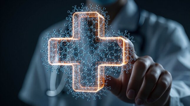 Doctor interacts with glowing 3D medical cross. Digital healthcare symbol represents future science, innovation, and technology in medicine. Virtual interface helps check health.