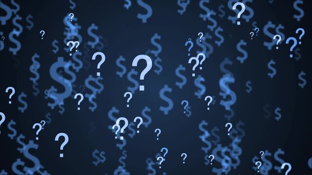 Dark abstract background with floating dollar signs and question marks, showing money uncertainty confusion and financial doubt animation
