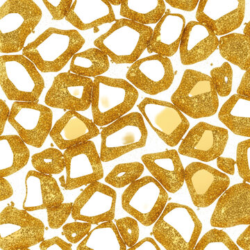 extreme macro close-up of scattered, highly reflective 24k gold foil fragments on transparent, focused by hard studio light to emphasize texture and sparkle concept of abstract luxury