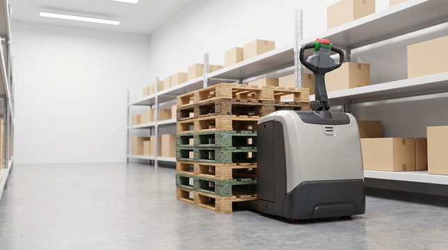 Electric pallet jack in modern warehouse with cardboard box on metal shelves and pallet stack