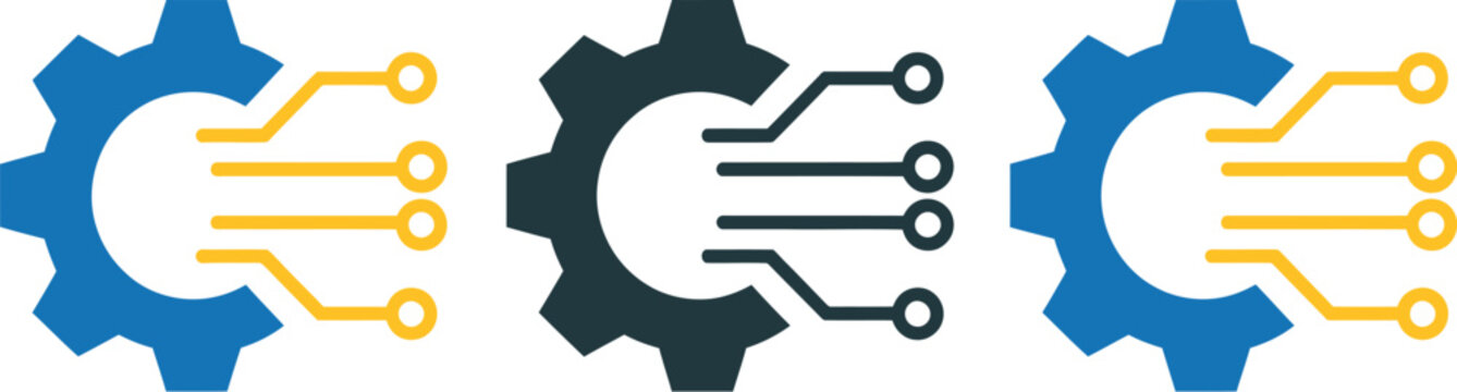Smart technology gear icon set featuring circuit board traces, AI automation symbols, and blue, yellow, black, and outline vector logo designs.