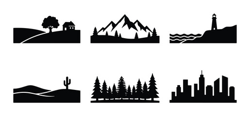 Diverse Landscape Silhouettes: Rural, Mountain, Coastal, Desert, Forest, City Icons © Hasem