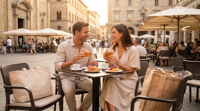 Couple enjoys pastries at cafe for Summer Bank Holiday