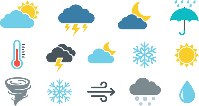 Weather forecast flat vector icon set featuring sun clouds rain snow and severe storm symbols,