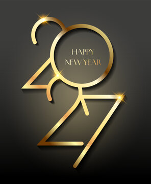 Happy New Year 2027 greeting card with gold geometric line numbers on a dark background. Elegant holiday cover layout for celebration posters, calendar,invitation and party invites