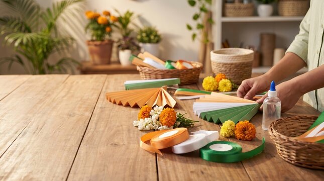 Crafting India's Independence Day Decorations with Paper Fans, Ribbons, and Flowers