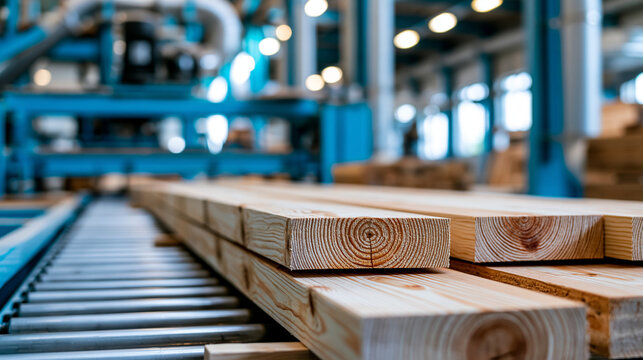 Wooden planks moving on a conveyor belt in a woodworking shop, wooden planks, conveyor belt, woodworking shop, industrial machinery, timber processing, furniture construction,