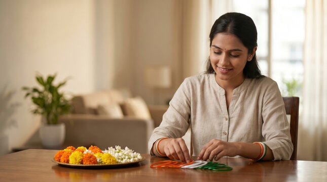 Indian Woman Arranging Tricolor Decorations for India's Independence Day Celebration at Home