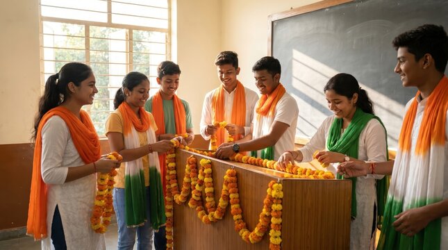 Indian Students Decorating with Marigold Garlands for India's Independence Day Celebration
