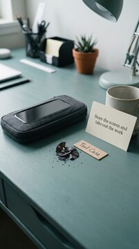 Digital Detox message on a desk with a phone case and writing tools