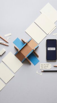 Flat lay of a cardboard craft project, notebooks, and smartphone encouraging Digital Detox