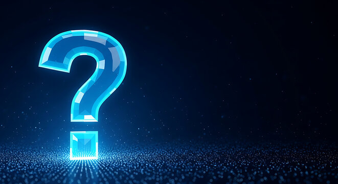 Glowing blue digital question mark symbol on a dark tech background with copy space
