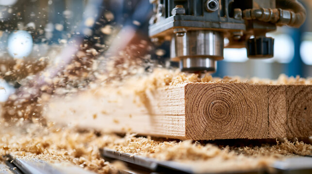 Industrial woodworking machine cutting a large wooden plank with sawdust debris, woodworking machine, wood cutting, industrial workshop, sawdust debris, precision manufacturing,