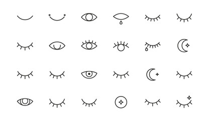 Fototapeta premium Large collection of simple black line art eye icons showing various expressions including winks tears and closed eyes for design.