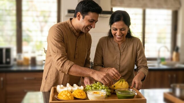 Joyful Indian Couple Preparing a Fruit Platter for India's Independence Day Celebration