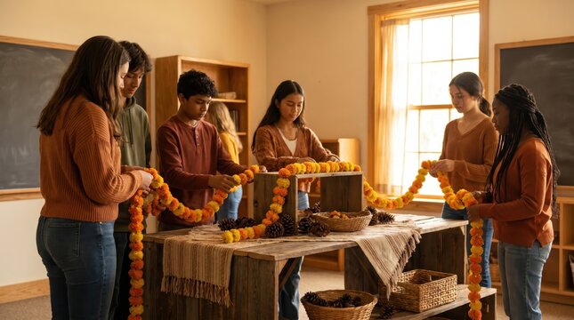 Students arranging marigold garlands for India's Independence Day celebration
